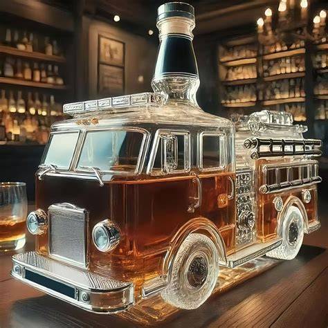 Infographics showing the composition and unique features of a fire truck-shaped bottle of alcohol