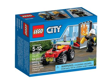 LEGO City 60105 Strażacki quad w akcji, z minifigurką i gaszonym ogniem na tle ruin