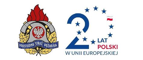 Schematyczna grafika przedstawiająca logo Unii Europejskiej obok symbolu straży pożarnej