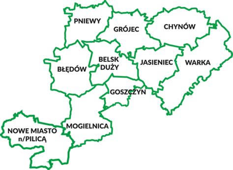 Mapa powiatu grójeckiego z zaznaczonym obszarem pożaru lasu w gminie Nowe Miasto nad Pilicą