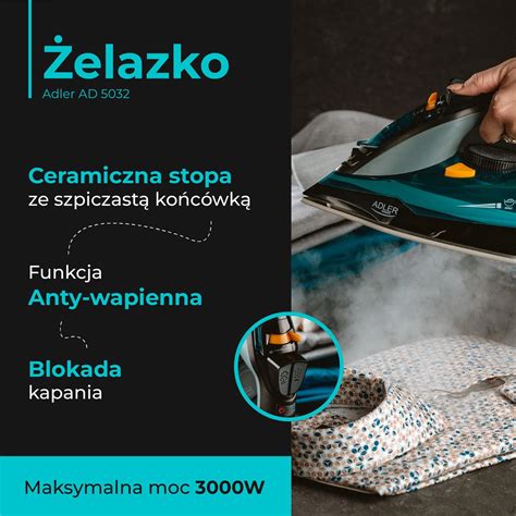 infografika prezentująca 5 funkcji prasowania żelazka Adler AD 5032