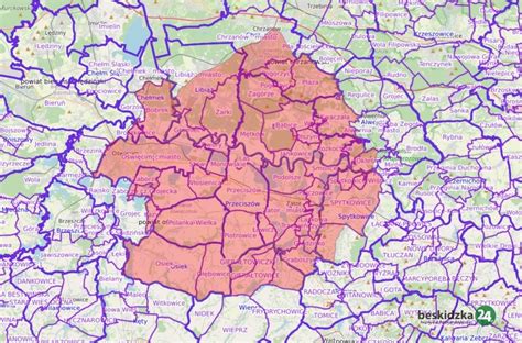 Mapa powiatu oświęcimskiego z zaznaczonymi kluczowymi punktami interwencji straży pożarnej w Kętach