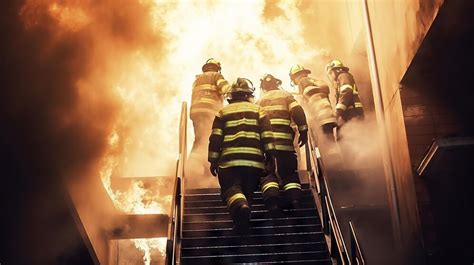 Thematic photo of firefighters in full gear ascending stairs in a mine setting