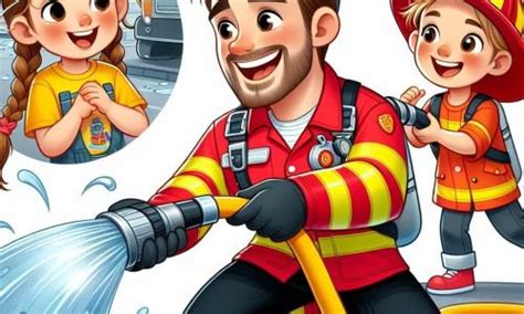 Ilustracja dziecka w stroju strażaka uczącego zabawki o bezpieczeństwie