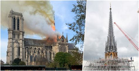 Zewnętrzny widok na płonącą iglicę i dach katedry Notre Dame