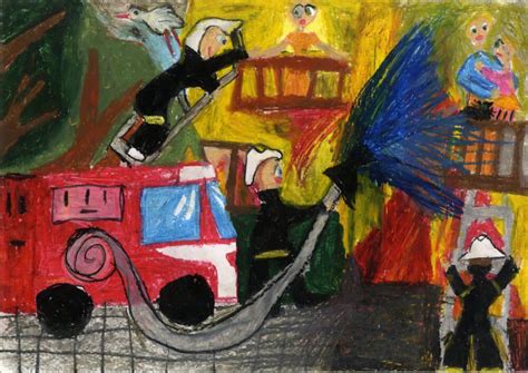 Ilustracja przedstawiająca grupę młodych strażaków biorących udział w konkursie plastycznym