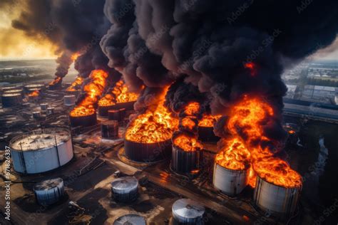 Historical photo of the burning oil refinery in Czechowice-Dziedzice