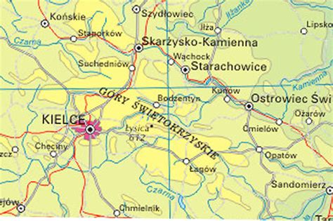 Mapa historyczna regionu Gór Świętokrzyskich z zaznaczonymi miejscowościami takimi jak Słupia, Baszowice, Dębno
