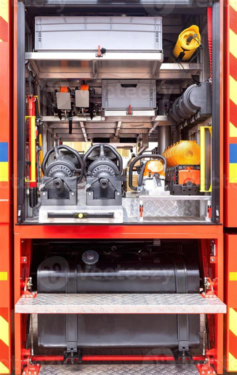 Detailed diagram or photo of fire engine equipment compartments
