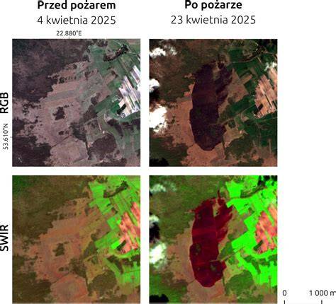 Mapa satelitarna przedstawiająca porównanie obszarów przed i po pożarze z wykorzystaniem pasm SWIR