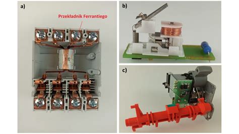 Główne elementy konstrukcji wyłącznika: a) przekładnik Ferrantiego, b) człon wyzwalający (przekaźnik), c) mechanizm wyłącznika.