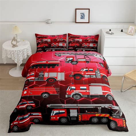 Themed bedding with fire trucks and firefighters for children's room