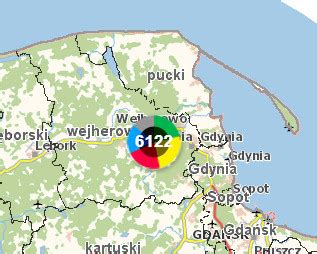 Mapa powiatu wejherowskiego z wizualizacją liczby interwencji OSP w poszczególnych gminach w 2025 roku.