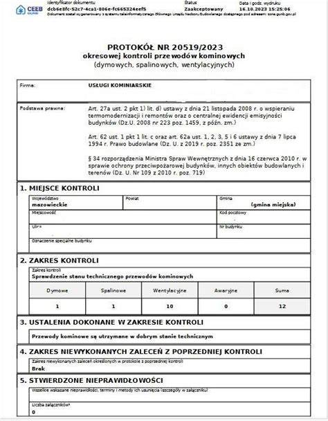 protokół z przeglądu kominiarskiego - wzór
