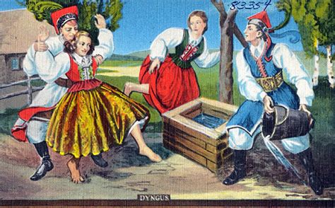 Ilustracja przedstawiająca dawne obrzędy śmigusa-dyngusa, bicie witkami i polewanie wodą