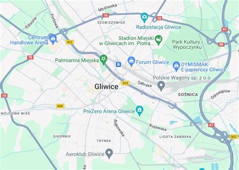 Mapa drogowa Gliwic z zaznaczonymi zamkniętymi i częściowo przejezdnymi ulicami podczas akcji gaśniczej