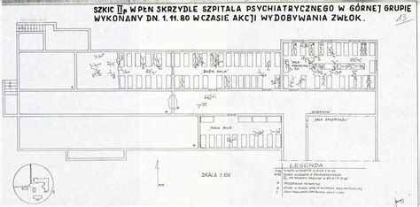 Szkic drugiego piętra szpitala w Górnej Grupie po pożarze, przedstawiający układ sal i korytarzy.