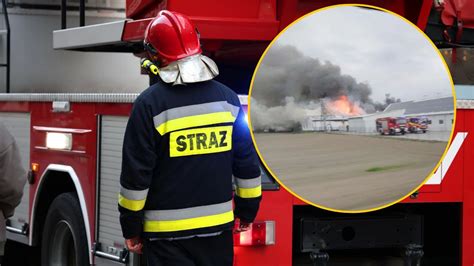 Zdjęcie strażaków gaszących pożar hali produkcyjnej