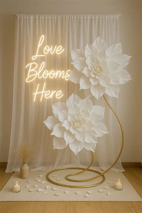 Elegancka ścianka ślubna z kwiatami i podświetlanymi inicjałami