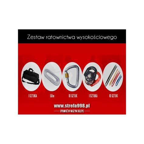 Zestaw specjalistycznego sprzętu ratownictwa wysokościowego: liny, uprzęże, bloczki, karabinki, kask