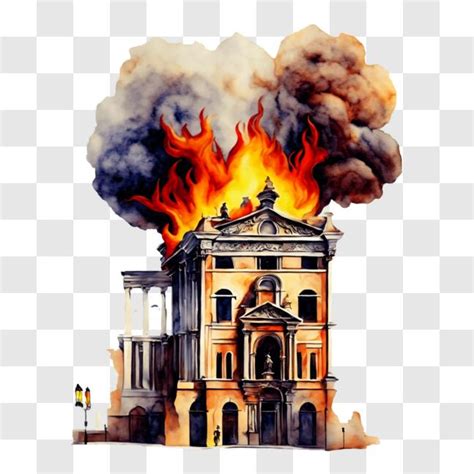 Ilustracja przedstawiająca płonącą remizę strażacką z dymem unoszącym się w powietrzu