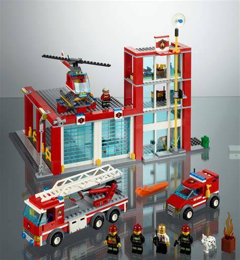 Close-up photo of all minifigures and the dog from LEGO City Fire Station 60004 with their specific accessories
