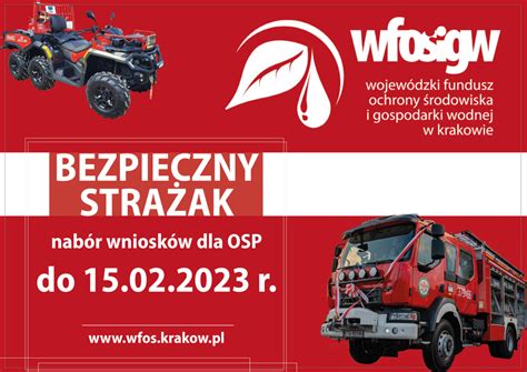 Infografika przedstawiająca główne cele programu Bezpieczny Strażak: zakup sprzętu, szkolenia i modernizacja wyposażenia OSP