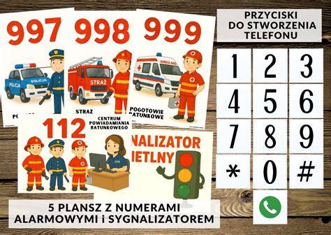kolaż ilustracji przedstawiających dzieci uczące się przez kolorowanie o numerach alarmowych i sprzęcie strażackim