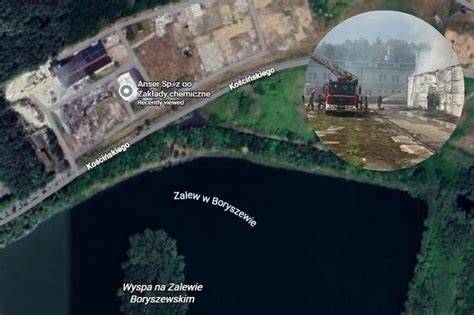 Mapa terenu zakładu chemicznego w Boryszewie z zaznaczoną lokalizacją pożaru