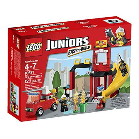 The LEGO Juniors Fire Emergency (10671) box art with firefighters and a burning trash can