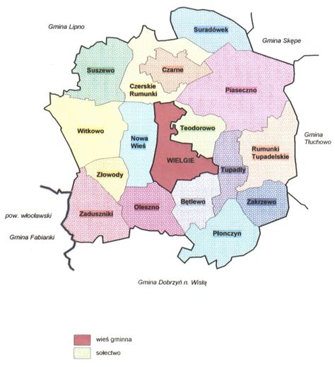 mapa gminy Tuszyn z zaznaczonymi lokalizacjami jednostek OSP