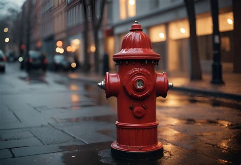 Thematic photo of a red fire hydrant on a street corner with city buildings in the background
