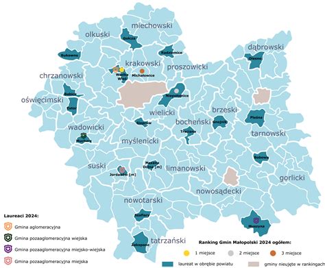 Mapa Małopolski z zaznaczonymi obszarami wsparcia dla OSP w ramach funduszy wojewódzkich.