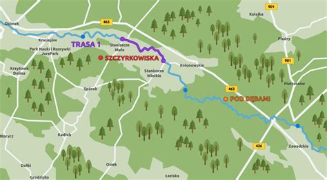 Mapa z zaznaczonymi trasami spływów kajakowych: Hutki-Bondyrz i Obrocz-Zwierzyniec