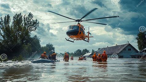 Thematic photo of OSP firefighters performing a rescue operation during a flood, with radio communication in use.