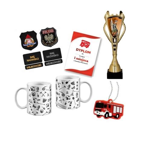Ilustracja przedstawiająca różnorodne gadżety strażackie, takie jak breloki, kubki, odzież z motywami strażackimi.