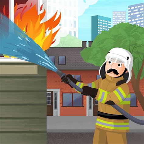 Ilustracja przedstawiająca strażaka gaszącego pożar lub ratującego kogoś z płonącego budynku.