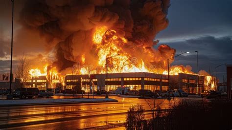 Thematic photo of a large commercial hall engulfed in flames, with dense smoke rising into the night sky.