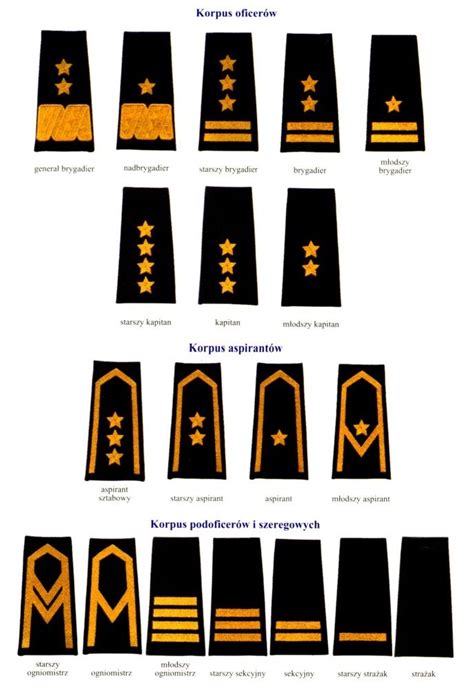 Infografika przedstawiająca hierarchię stopni w Państwowej Straży Pożarnej, z podziałem na korpusy.
