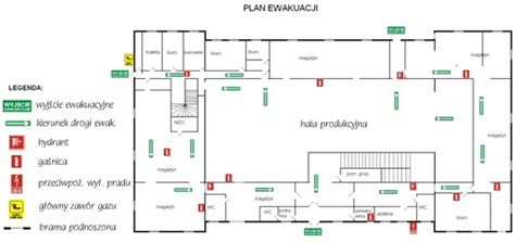 Schemat dróg ewakuacyjnych w budynku z oznaczeniem wyjść i kierunków ewakuacji.