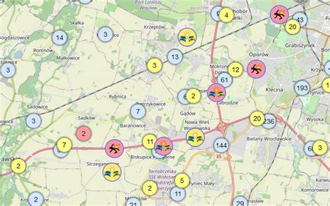 Mapa z naniesionymi punktami zdarzeń drogowych na dolnośląskim odcinku A4