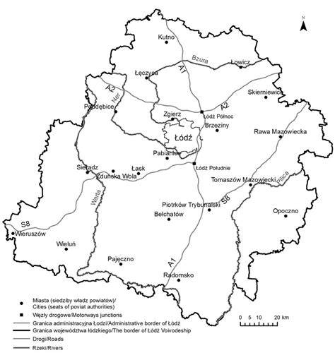 Mapa województwa łódzkiego z zaznaczonymi lokalizacjami OSP