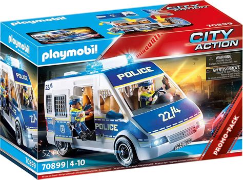 Kompilacja zdjęć z różnych zestawów serii Playmobil City Action, ukazująca samochody policyjne, helikoptery i inne pojazdy.