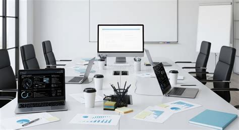 Zdjęcie sali konferencyjnej z dokumentami i laptopami na stole podczas spotkania