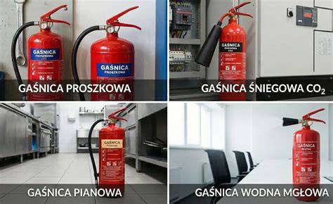 Ilustracja różnych typów gaśnic i ich zastosowań