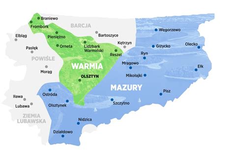 Mapa Warmii i Mazur z zaznaczonymi obszarami dotkniętymi podtopieniami, z ikonami symbolizującymi działania straży pożarnej.