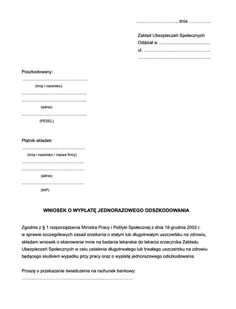 Wizualny wzór pisma o odszkodowanie z polami do wypełnienia