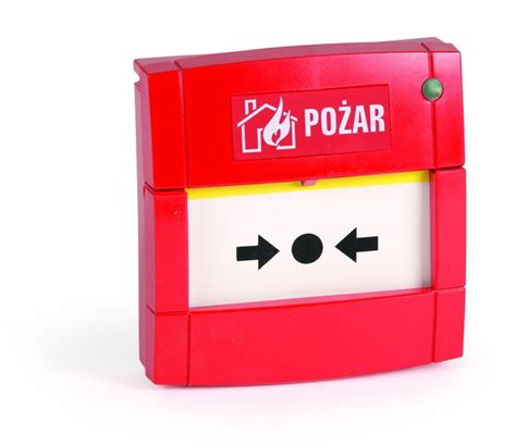Zdjęcie lub schemat ręcznego ostrzegacza pożarowego ROP-4001M/MH z widoczną szybką i przyciskiem.