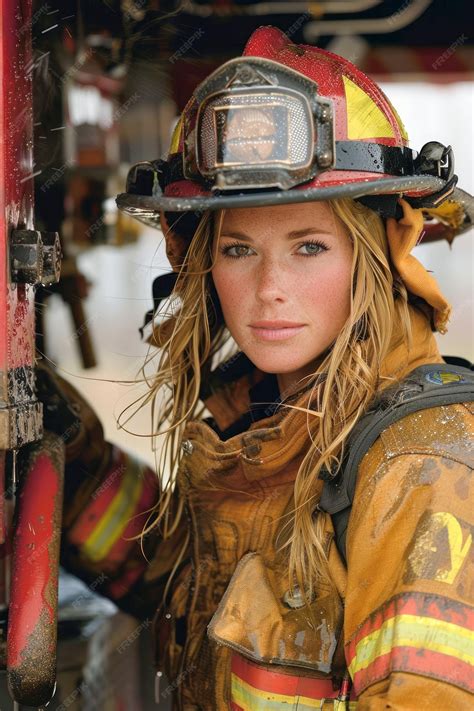 Thematic photo of a woman firefighter in full gear looking determined