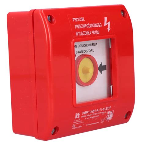 Przykładowy wygląd znaku PPOŻ „Przeciwpożarowy wyłącznik prądu” z czerwonym tłem i piktogramem błyskawicy